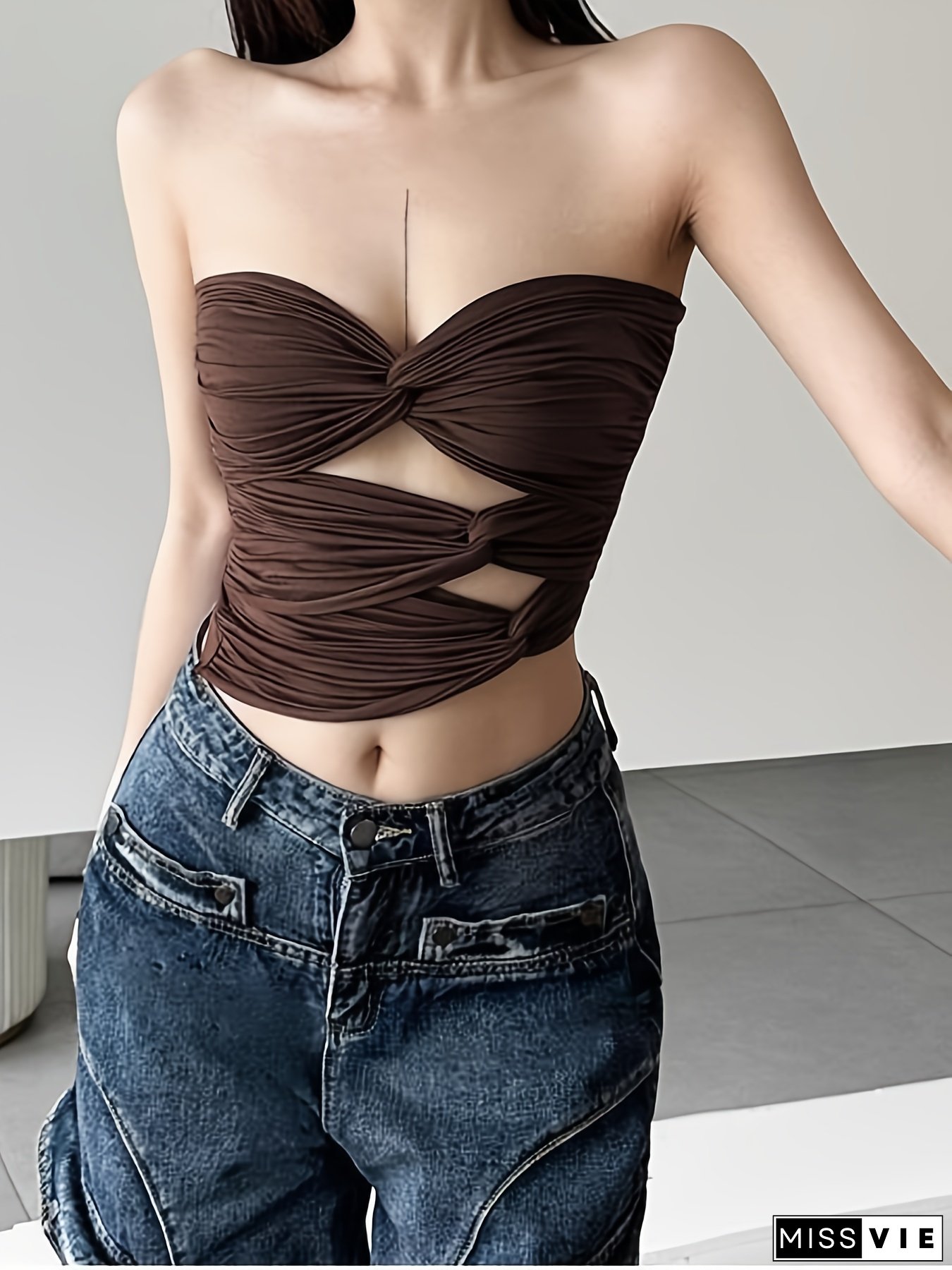 Women Tube Tops Solid Color Hollow-Out Twist Knot Front Strapless Tops Summer Backless Bandeau Shirts Streetwear