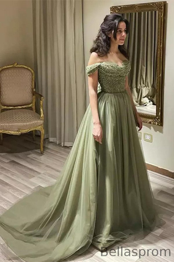 Bellasprom Off-the-Shoulder Sage Prom Dress Sequins Long Tulle With Beads Bellasprom