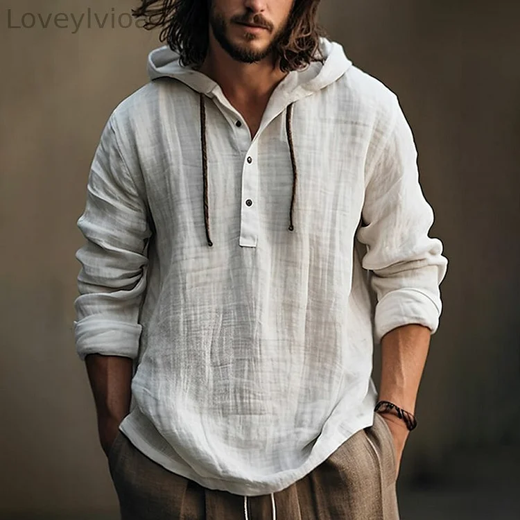 Retro Linen Blend Hooded Shirt