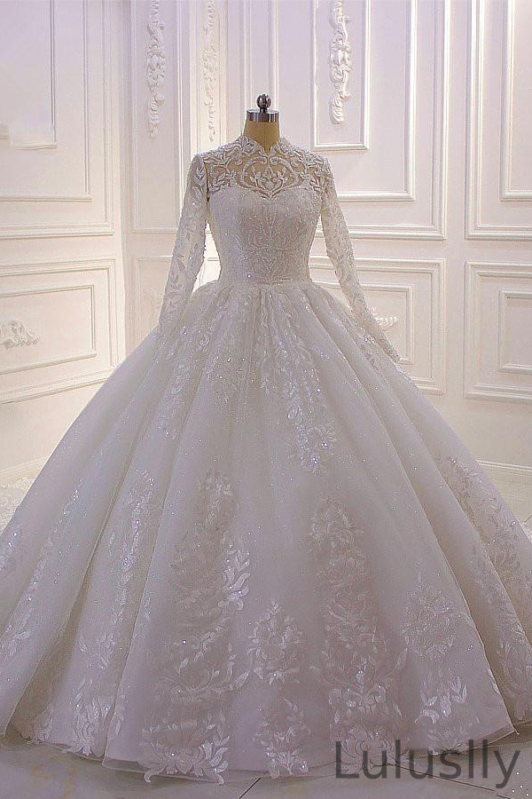 Luluslly High Neck Long Sleeve Appliques Ruffles Wedding Dresses With Lace Pearl Sequins