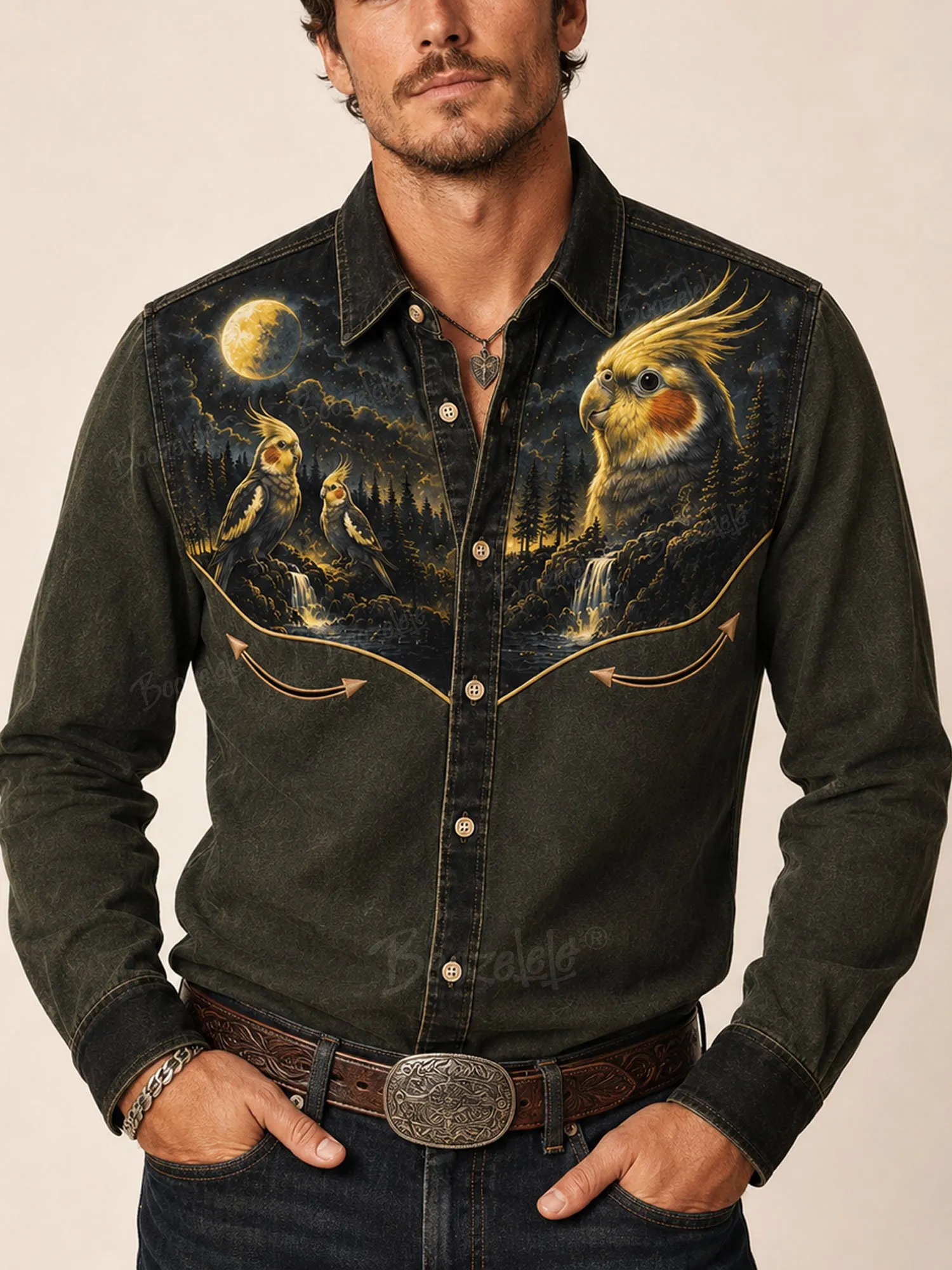 Perfect for Country Music Festival &mdash; Black, Cockatiel Night Scenery Print, Cotton, 2026 Spring/Autumn Men's Long Sleeve Shirt-100% Cotton