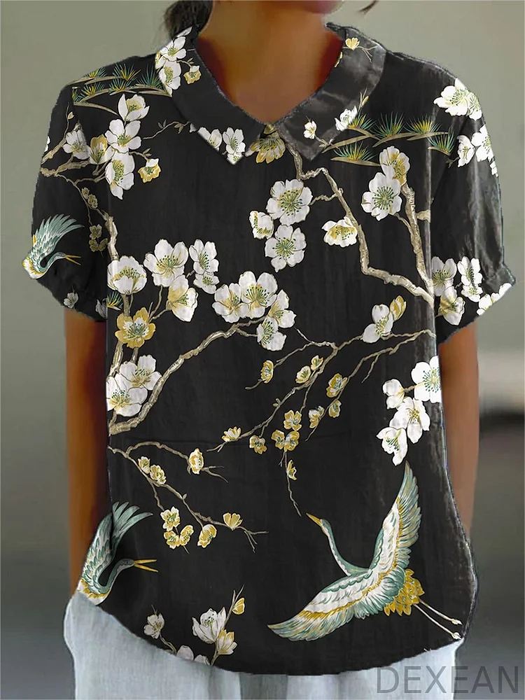 Women's Vintage Flower Print Casual Cotton And Linen Shirt