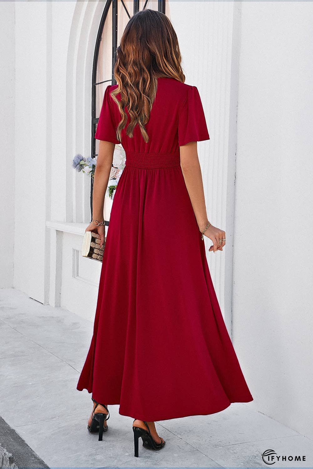 Slit V-Neck Short Sleeve Dress | IFYHOME