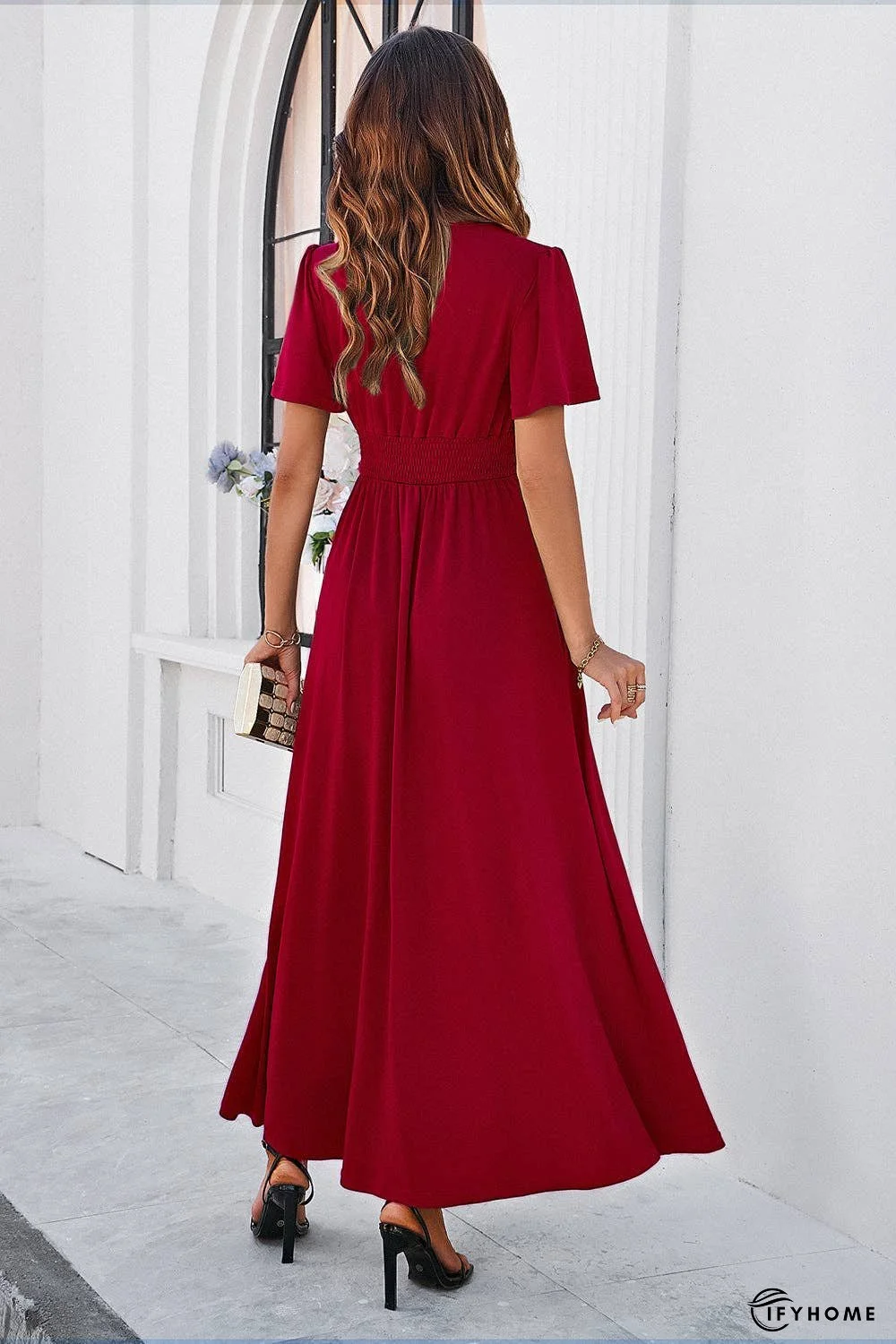 Slit V-Neck Short Sleeve Dress | IFYHOME