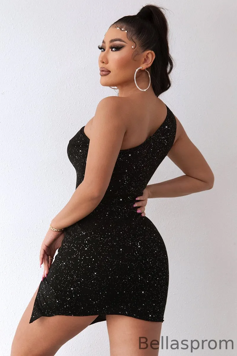 Bellasprom One Shoulder Black Short Bodycon Dress Sequins Mini Dress YE0197