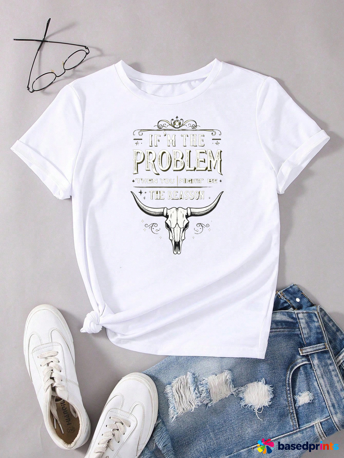 White Short Sleeve T-Shirt with Skull Print