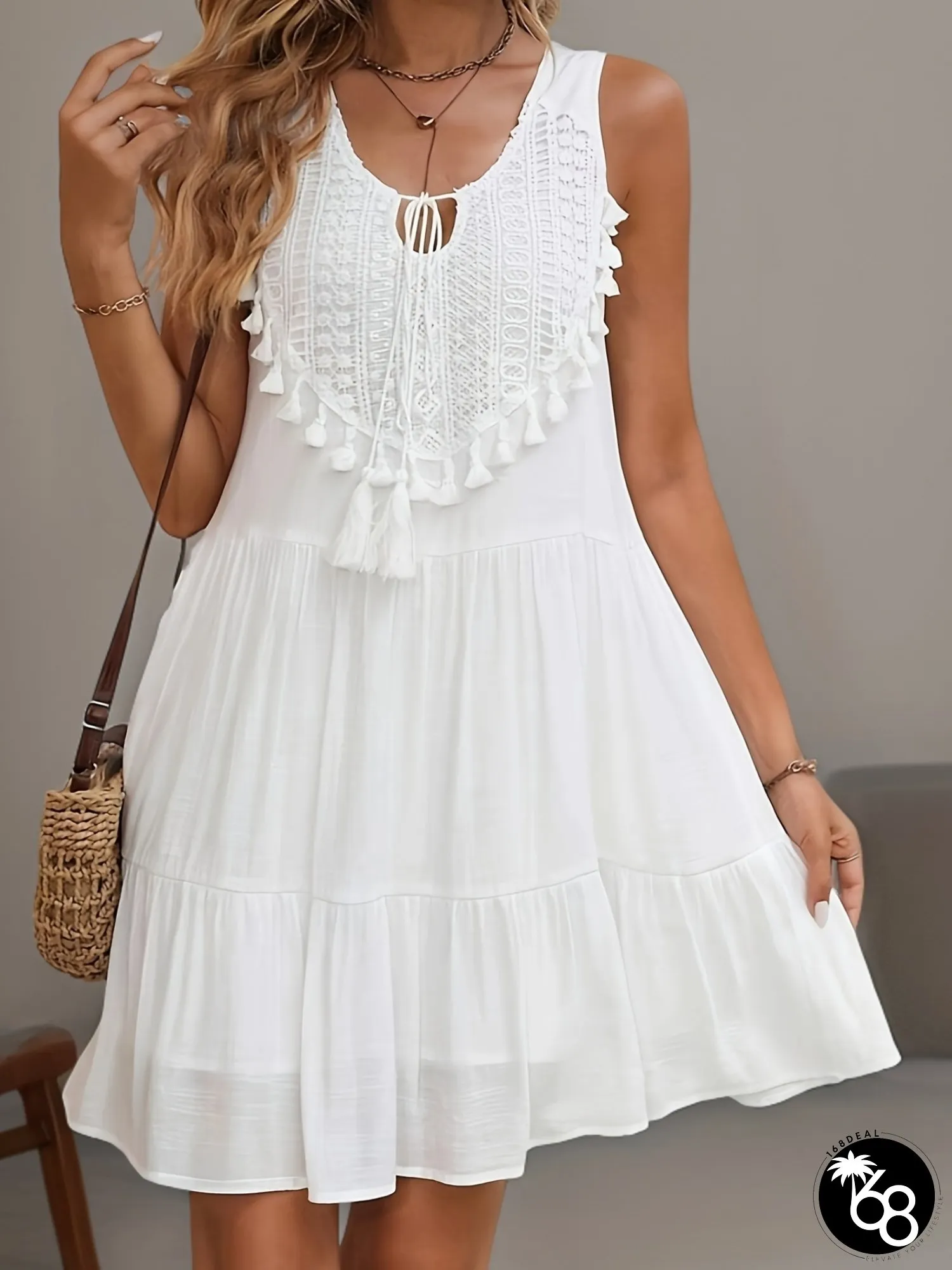 Elegant White Sleeveless Tassel Lace Dress for Women V-Neck Ruffled Hem Lightweight | 168DEAL