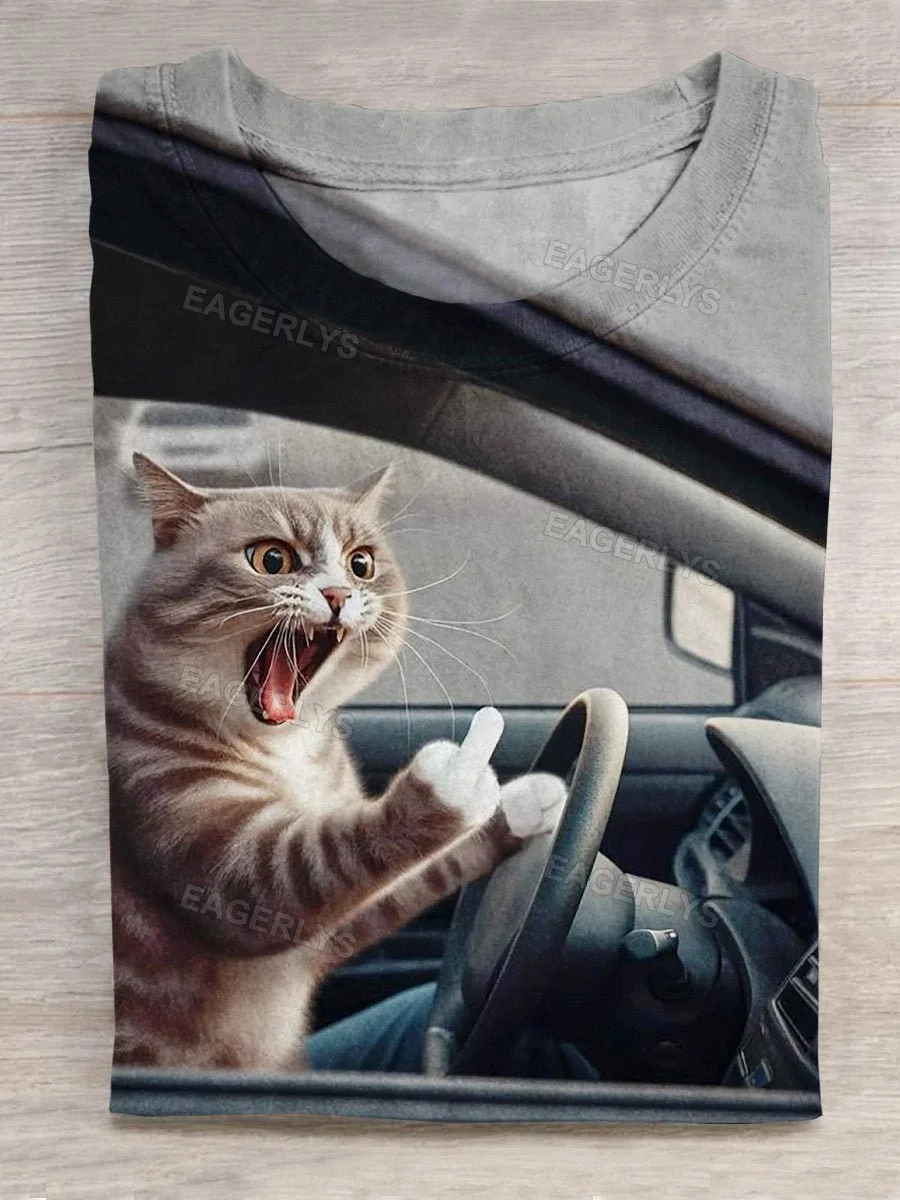 Angry Kitten Driver Funny Art Printed T-shirt Eagerlys