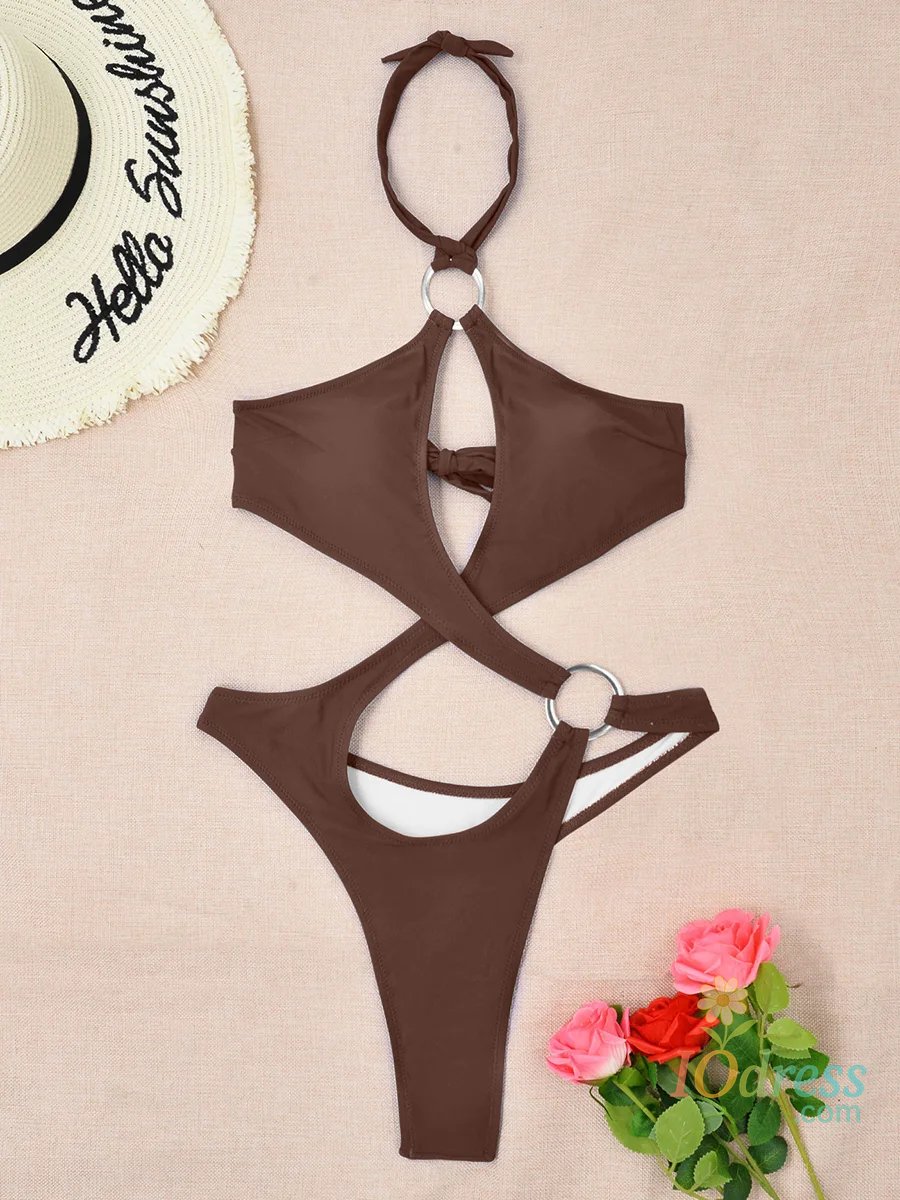 IO Dress Sexy Tummy Cut Out Halter Women Thong Swimwear One Piece Swimsuit Female High Cut Monokini Rings Bathing Suit Swim Beach Wear