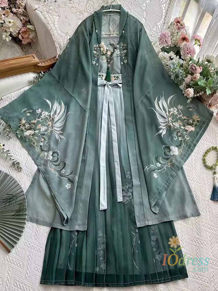 IO Dress Oversizd 7XL Hanfu Dress Women Chinese Vintage Hanfu Sets Halloween Cosplay Costume Printed Hanfu Green 3pcs Sets Plus Size 8XL