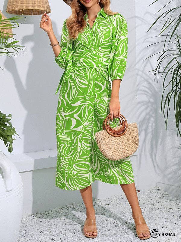 A-Line High Waisted Elasticity Printed Tied Waist Lapel Midi Dresses Shirt Dress | IFYHOME
