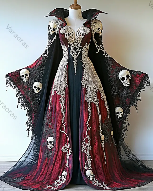 Halloween Themed Irregular Skull Embroidery Lace Patchwork Dress 8914