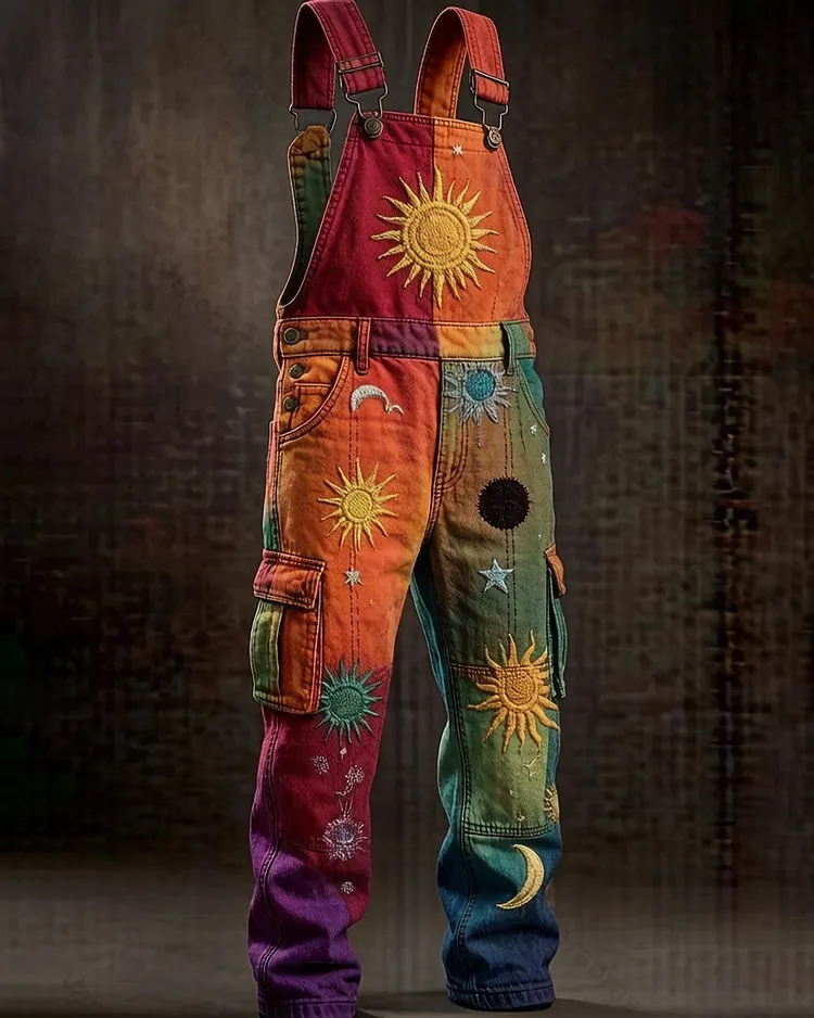 Men's Summer Outdoor Fashion Star Embroidery Color Block Overalls  5880