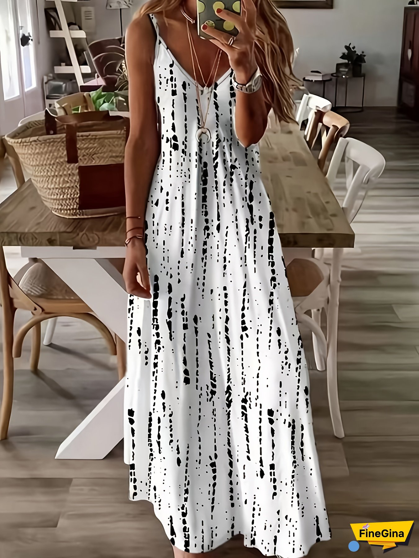 [Elegant Maxi Dress] Geometric Print Backless V-Neck Sleeveless Maxi Dress For Women | Elegant, Perfect For Spring/Fall, Casual Dining Attire