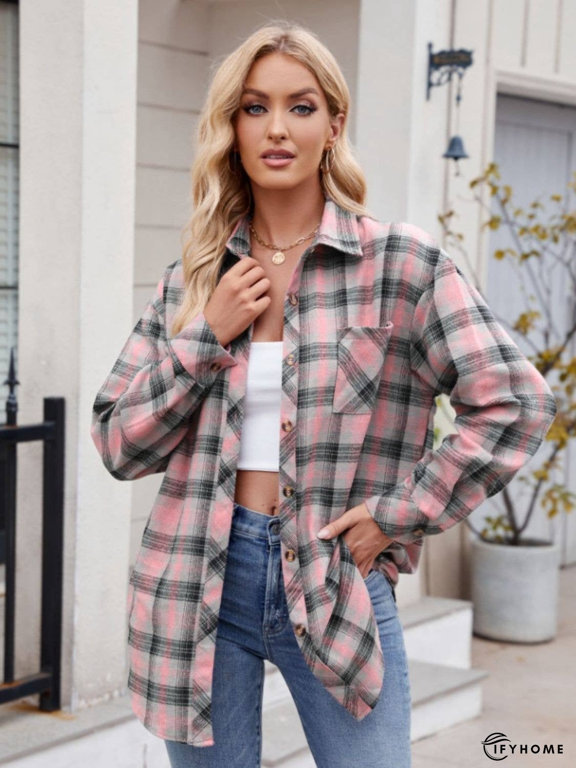 Pocketed Plaid Collared Neck Long Sleeve Shirt | IFYHOME