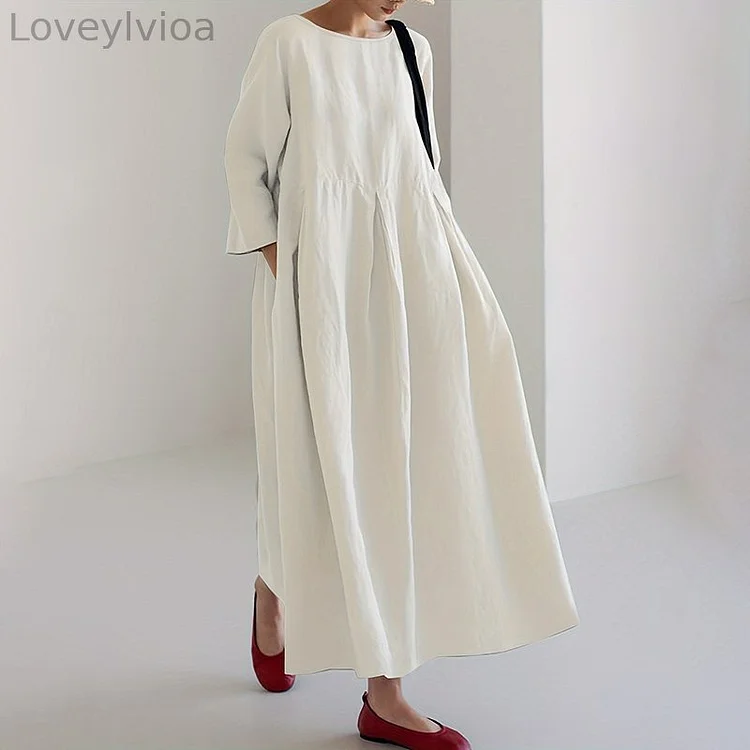 Women's Solid Color Cotton Linen Print Maxi Dress