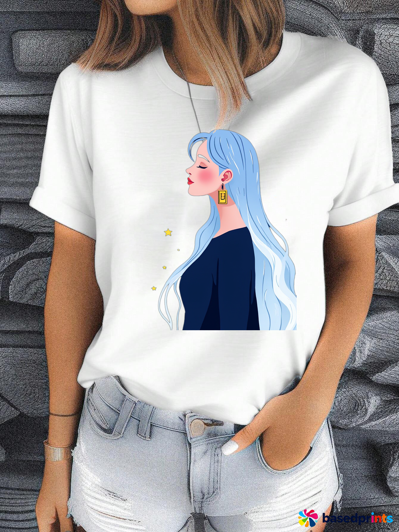 White T-Shirt with Blue Girl Print