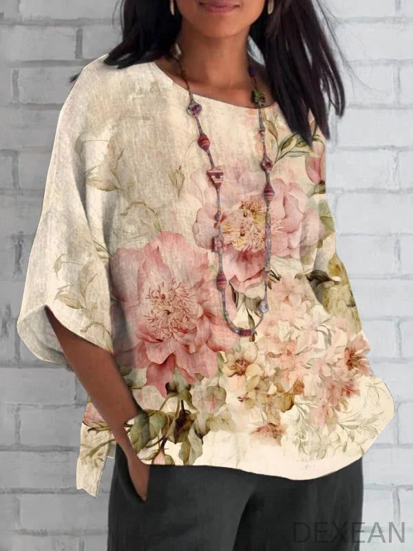 Retro Chic Floral Print Loose Round Neck Mid-sleeve Top