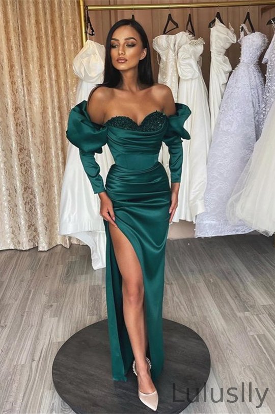 Luluslly Off-the-Shoulder Dark Green Evening Dress Mermaid Split With Long Sleeves