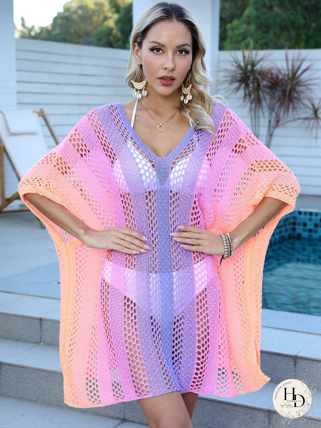 Openwork Contrast V-Neck Cover-Up