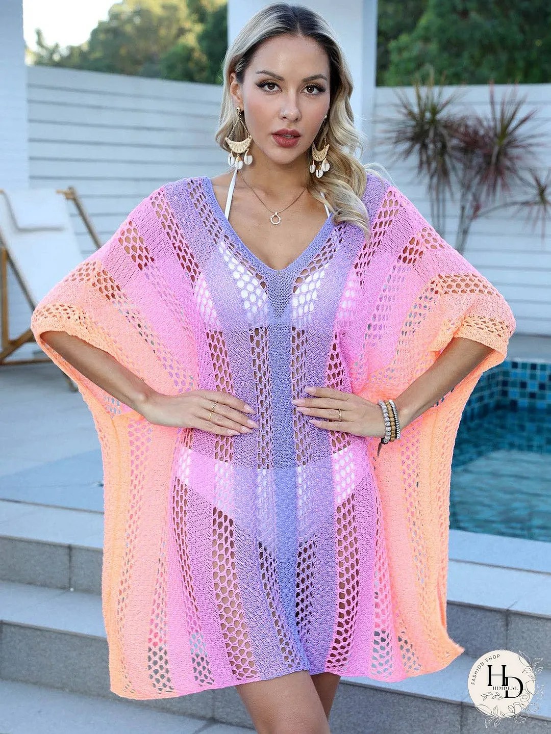 Openwork Contrast V-Neck Cover-Up