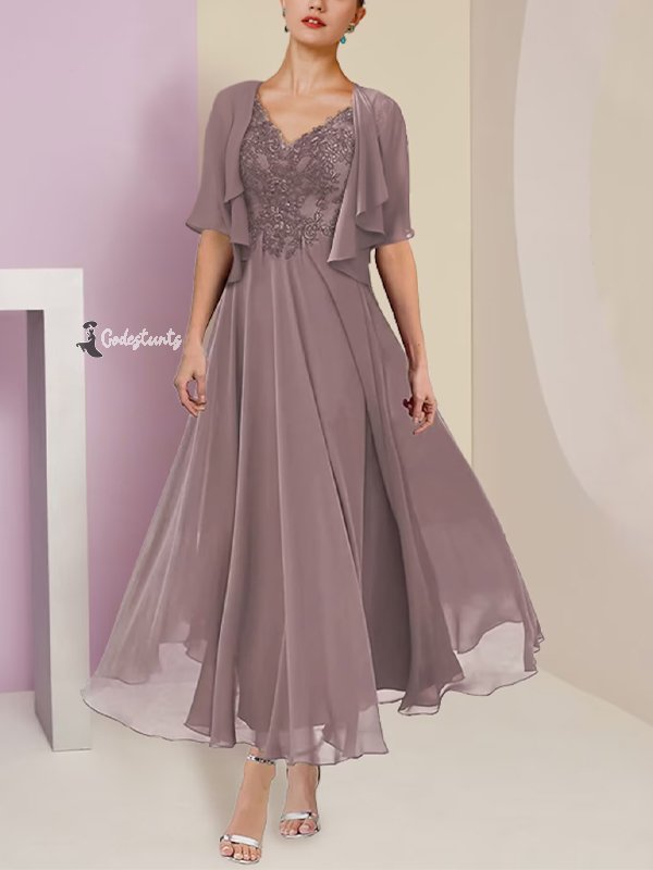 Two-Piece Elegant V Neck Lace Short Sleeve Dress