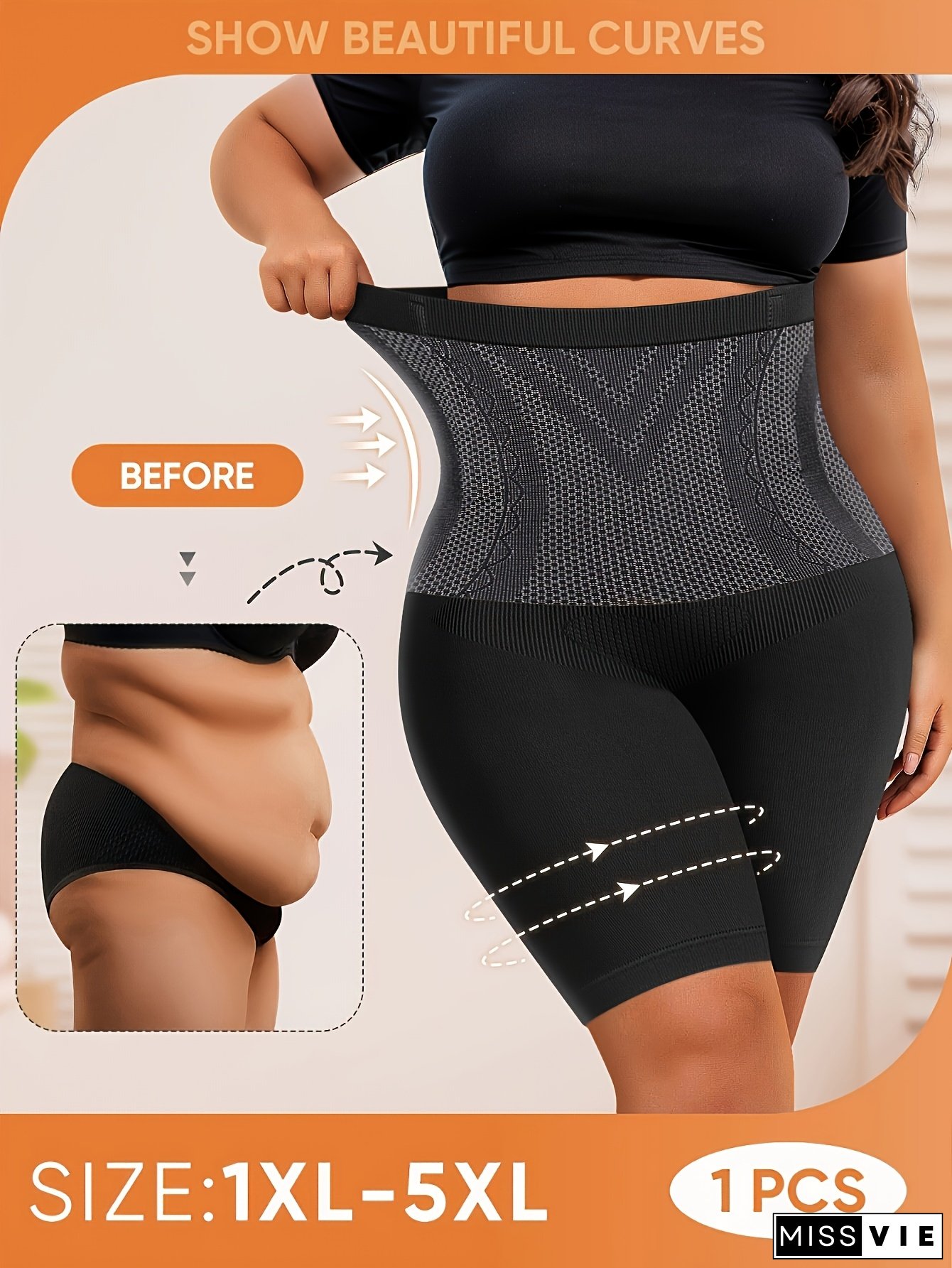 1pc Women's High Waist Shaping Lifting Seamless Knit Shorts, Plus Size, Large Elastic, Four-Sided Flat, Solid Color, 200g/M&sup2; Nylon, Meiyating Brand