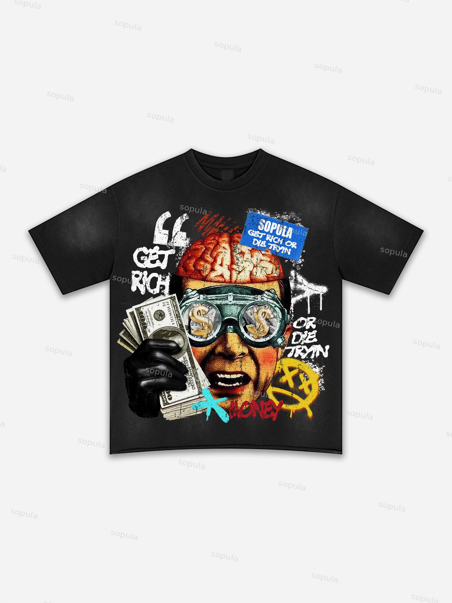 Get Rich Money Portrait Print Washed T-shirt