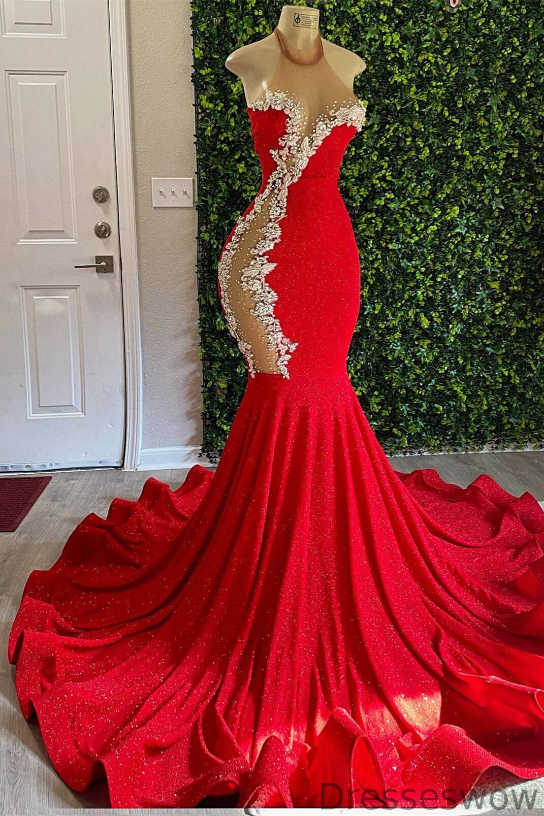 Dresseswow Red High Neck Sleeveless Mermaid Ball Dress With Beadings