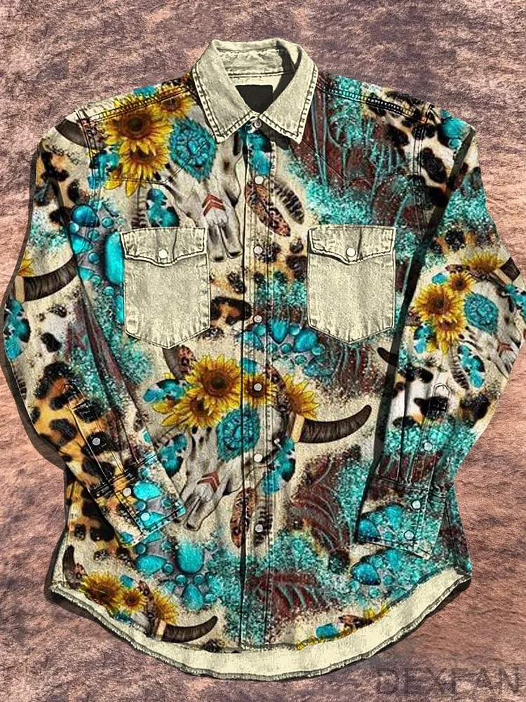 Vintage Western Leopard Ox Sunflower Art Pattern Print Casual Shirt