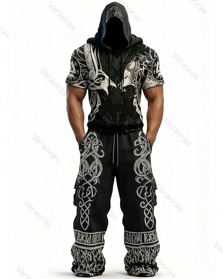 Men's Fashion Viking Contrast Color Embroidered Hoodie & Pants Two-Piece Set 5819