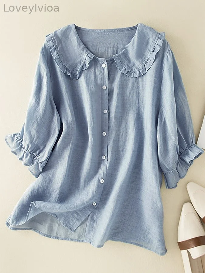 Cotton Linen Loose Peter Pan Ruffles Neck Shirt