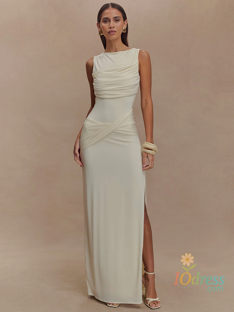 IO Dress Mozision Backless Ruched Sexy Maxi Tank Dress Women Gown Summer New O Neck Thigh High Split Bodycon Elegant Long Dress Fashion IO Dress