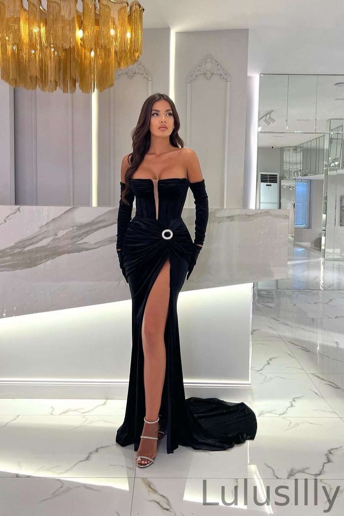 Fashion Black Strapless Mermaid Evening Dress Pleats With Split - lulusllly