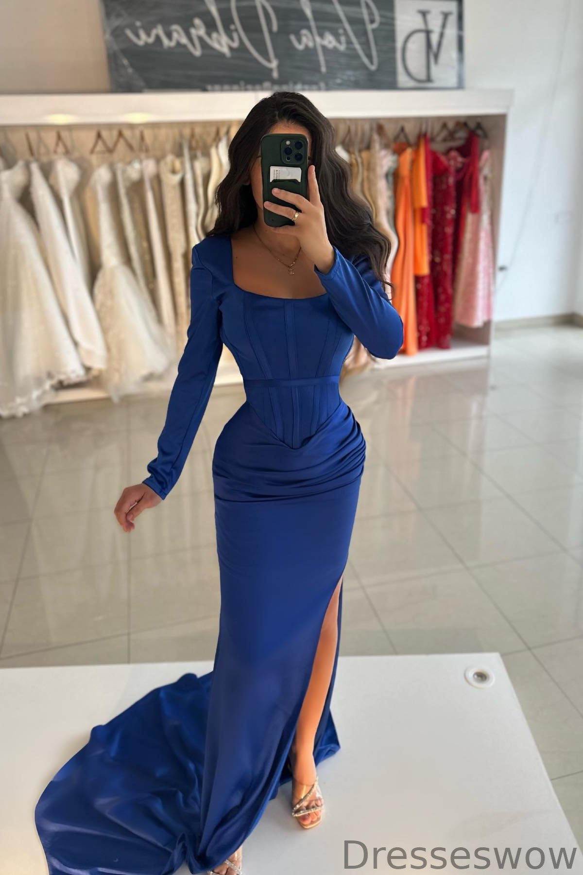 Dresseswow Royal Blue Long Sleeves Mermaid Prom Gown With Split Square