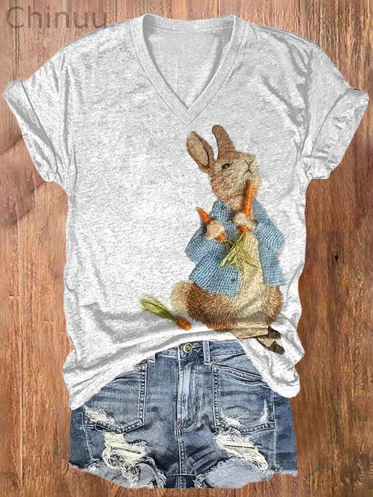Cute Bunny Embroidery Pattern Cozy Short Sleeve T-Shirt