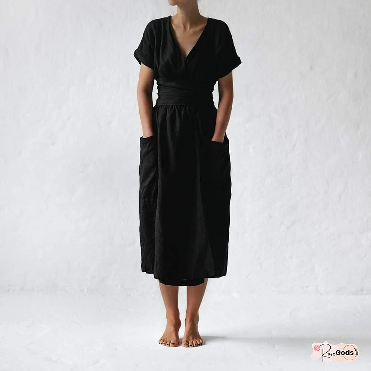 Women's Fashion V Neck Belt High Waist Short Sleeves Cotton- Linen Dress