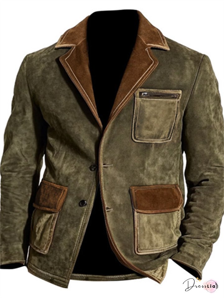 Autumn and Winter Men's Retro Suede Colorblocking Lapel Jacket