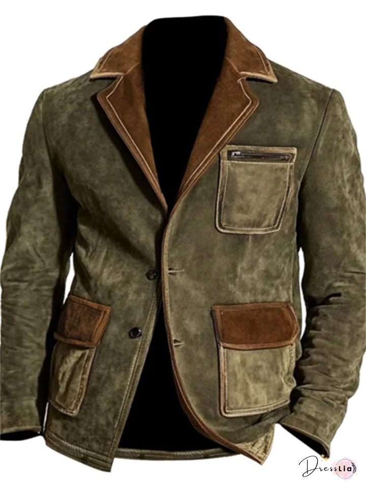 Autumn and Winter Men's Retro Suede Colorblocking Lapel Jacket