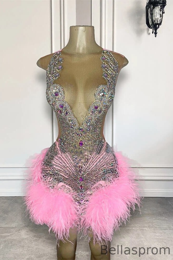 Bellasprom Pink Scoop Sleeveless Short Prom Dress With Beadings Crystals Feathers Bellasprom