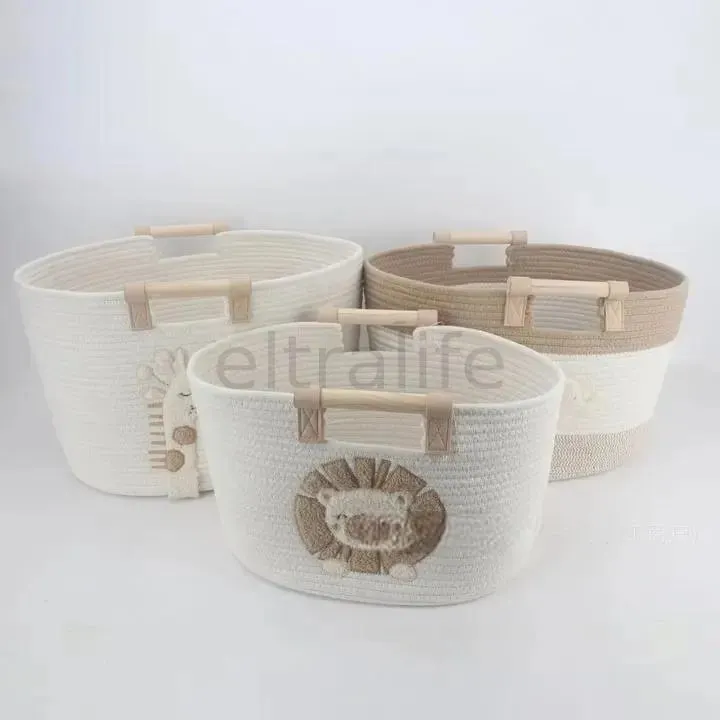 Cotton Rope Storage Basket with Wooden Handles, Woven Fabric Organizer Bin for Toys, Blankets and Nursery Home Storage eltralife