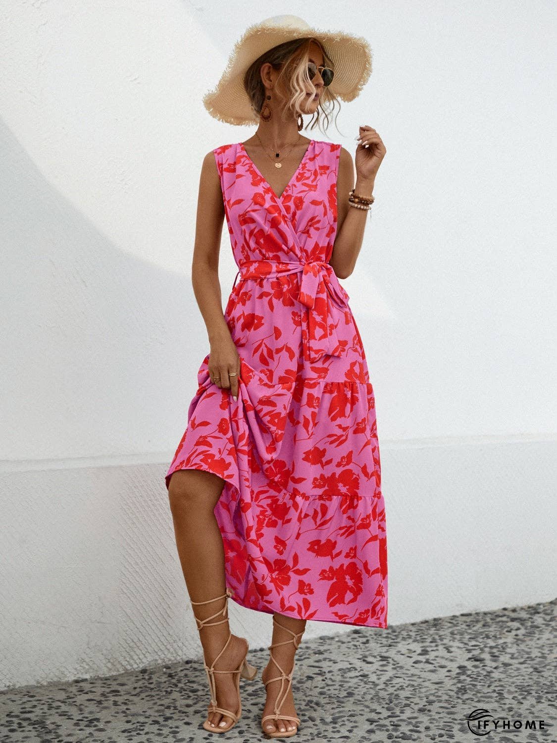 Tied Printed Surplice Tiered Dress | IFYHOME