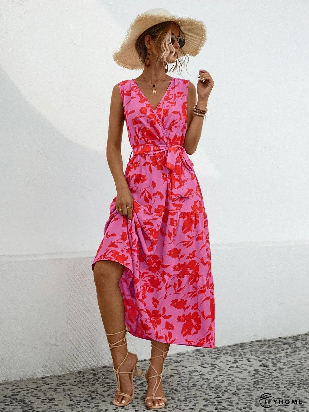 Tied Printed Surplice Tiered Dress | IFYHOME