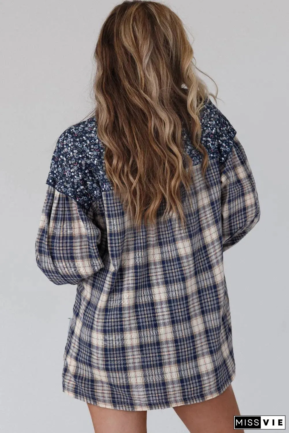 Floral Plaid Mixed Print Bishop Sleeve Patchwork Top