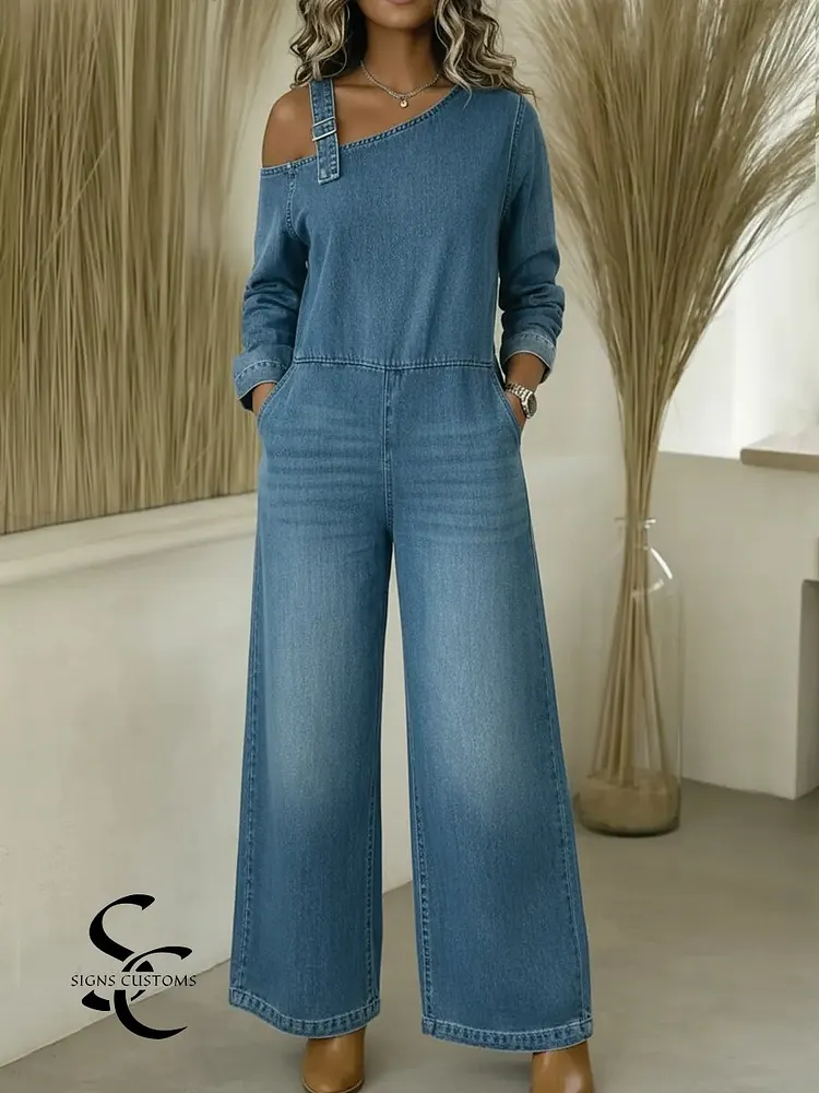 Women's Fashionable Off-the-shoulder Denim Jumpsuit