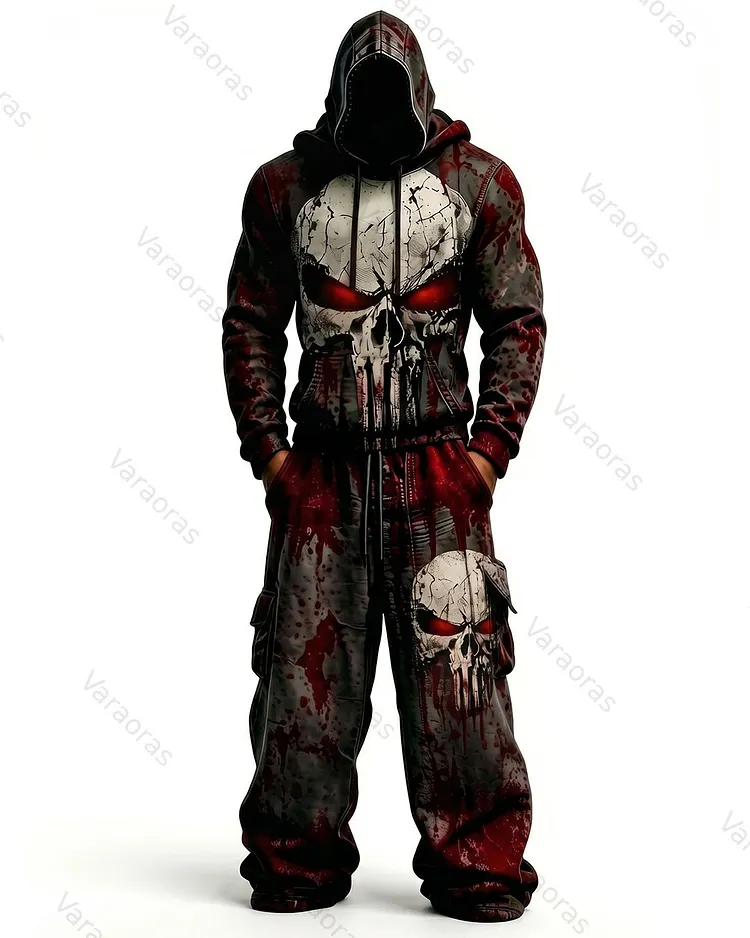 Men's Fashion Skull Contrast Color Embroidered Hoodie & Pants Two-Piece Set 6965
