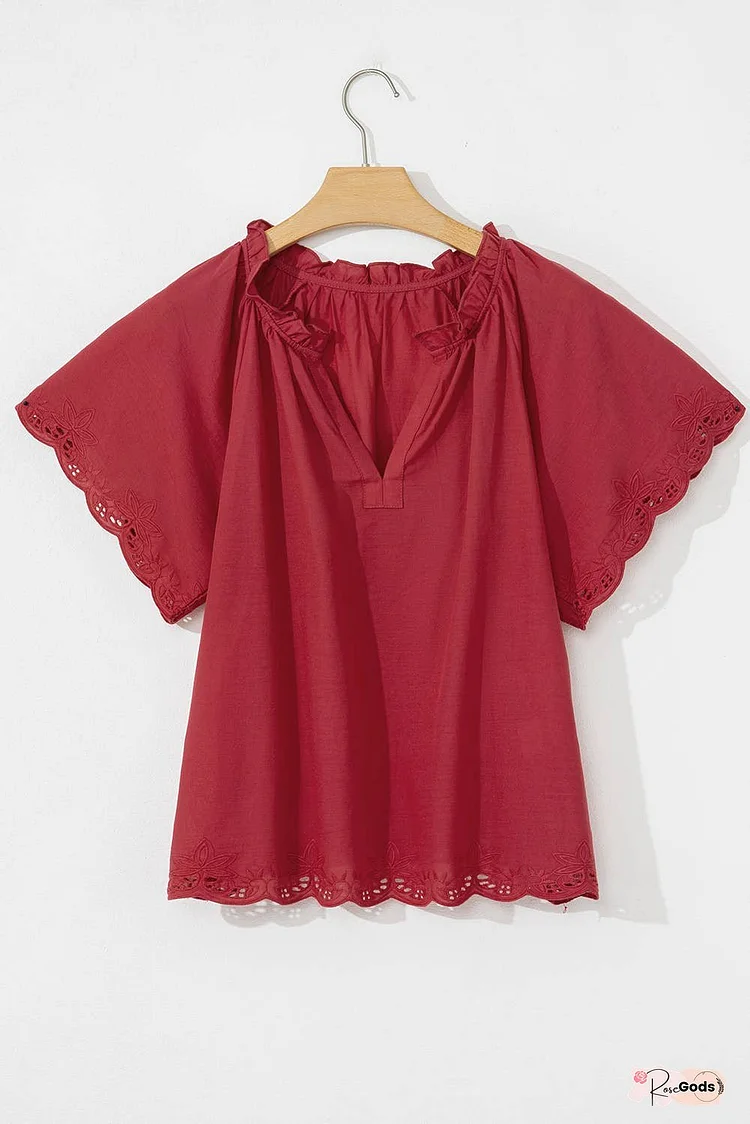 Floral Embroidered Scallop Trim Short Sleeve V Neck Blouse