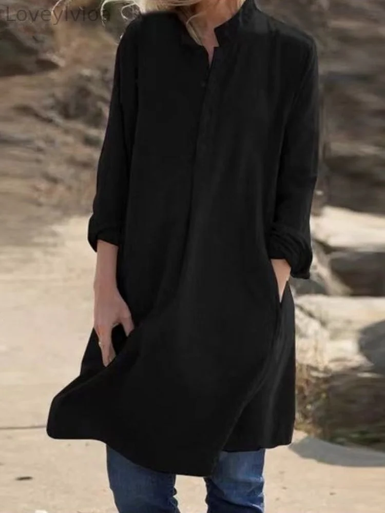 Stand Collar Button-Up Long Sleeve Blouse Dress