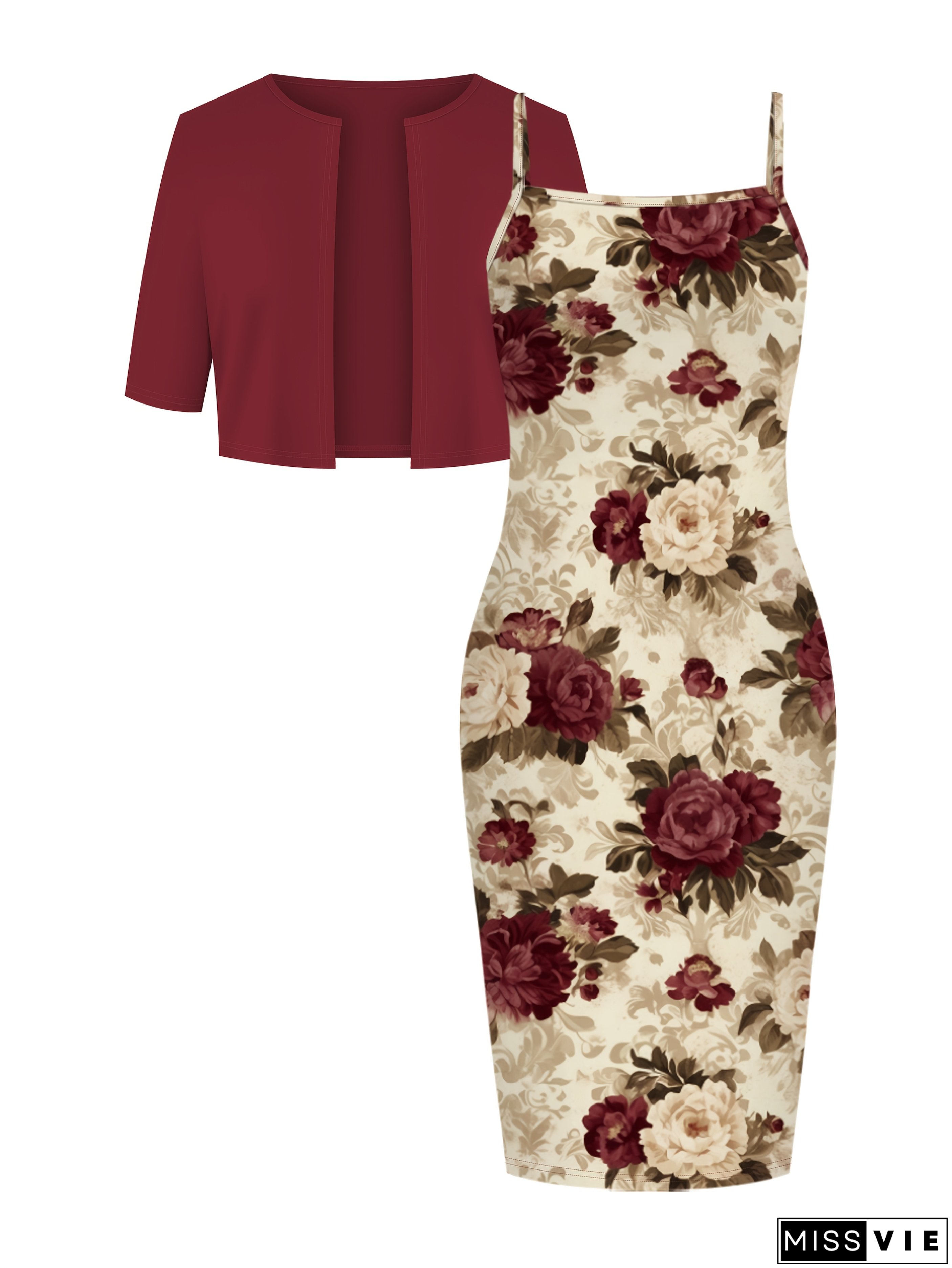 Women's Elegant Set Solid Color Cardigan Short Sleeve Jacket and Floral Print Suspender Dress Two-Piece Set