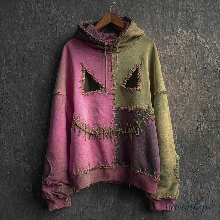 Halloween Spooky Face Colorblock Stitched Washed Hoodie